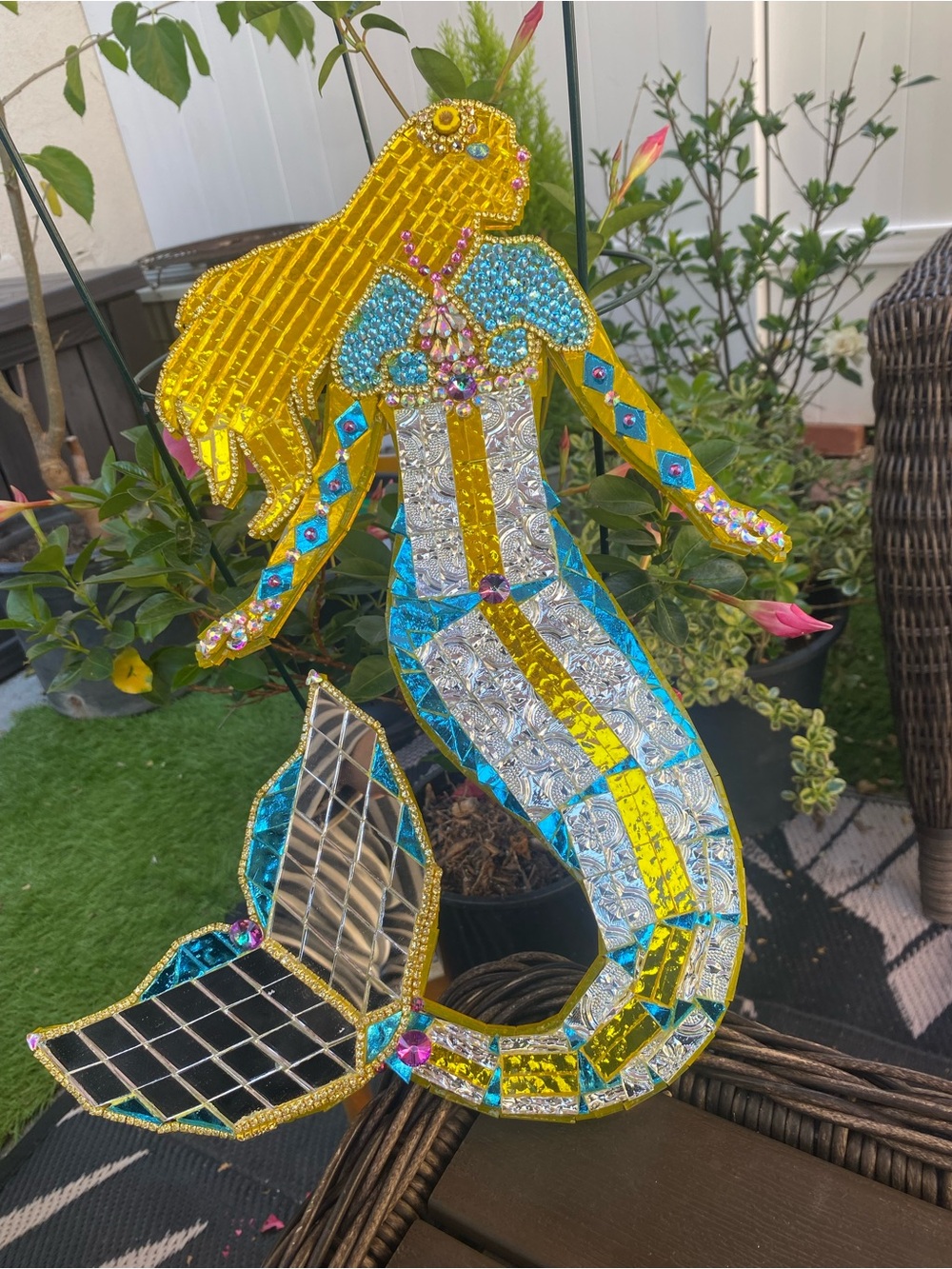 Beaded/Glass Handmade Mosaic Mermaid Wall Art - Yellow, Blue, Silver